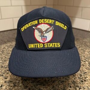 Vtg Operation Desert Shield USA Military Eagle Crest Hat Cap Blue Made in USA